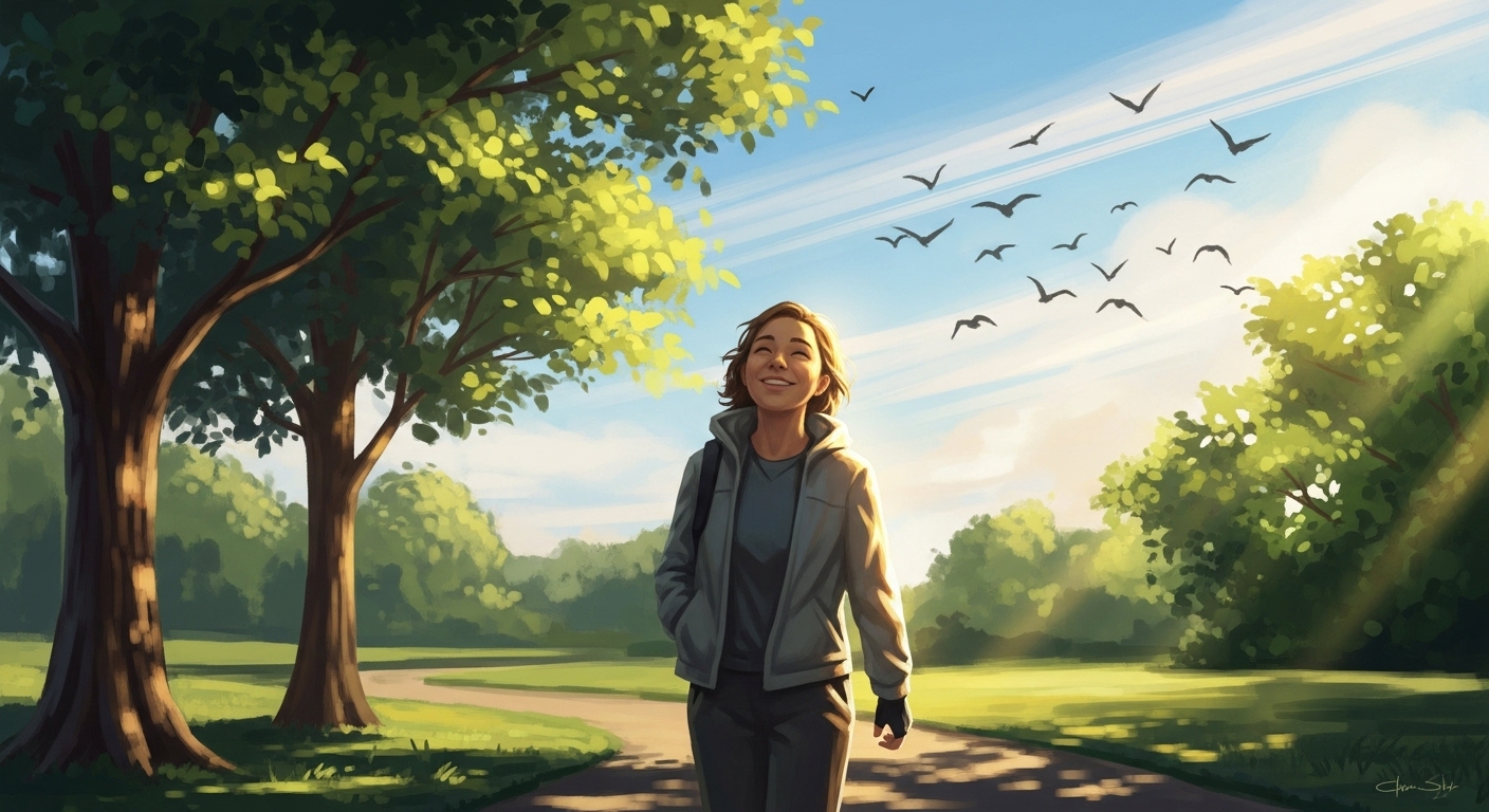 아침 햇살을 맞으며 공원을 걷는 사람 , 건강한 낮 활동이 수면에 미치는 긍정적인 영향을 상징합니다.