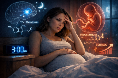 임산부 수면 변화, 새벽 3시 기상 현상과 멜라토닌, 프로게스테론, 코르티솔 상승과 체온증가 및 수면 개선 방법을 설명한 이미지