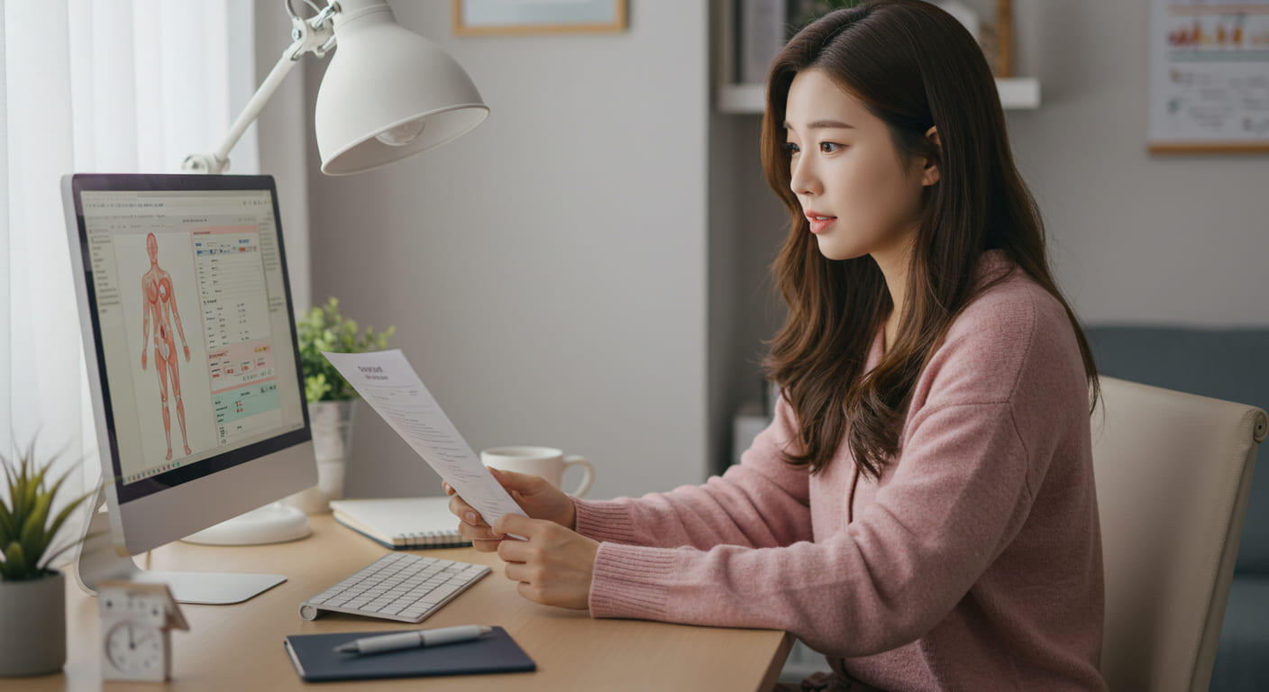 예방접종 기록 확인하는 한국인 여성