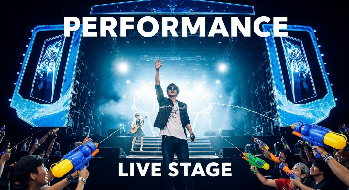 무대에서 가수는 노래를 부르고 있고 무대 양옆에서 관객들이 환호하면서 가수를 향해 물총을 쏘고 있는 이미지입니다.