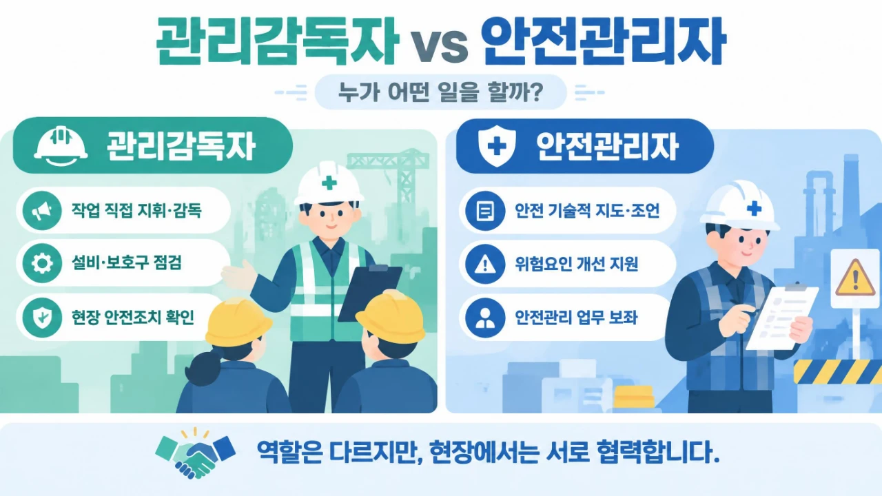 관리감독자는 현장 작업을 직접 지휘 감독하고 안전관리자는 안전 관련 기술적 지도와 조언을 제공하는 역할 비교