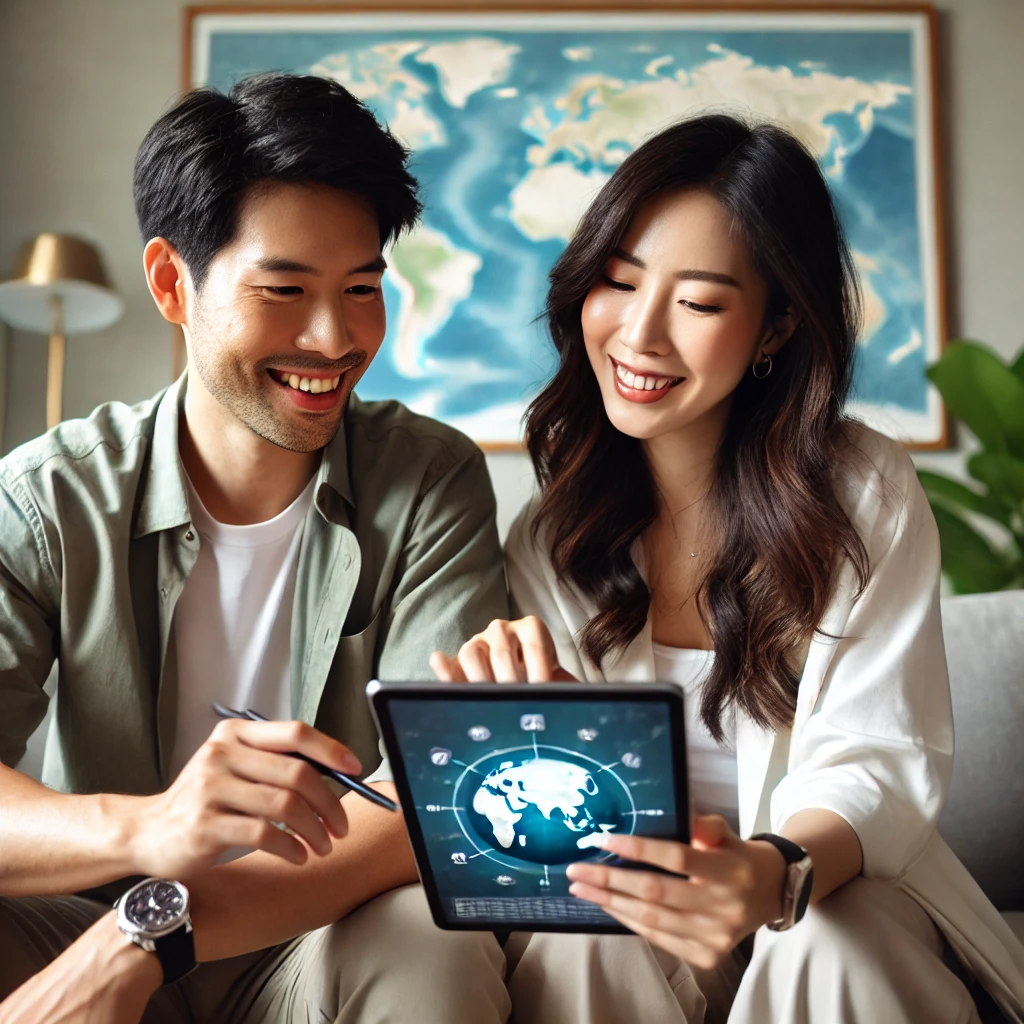 30대 중반의 한국 부부가 현대식 거실에서 태블릿으로 글로벌 운세 플랫폼을 탐색하며 서로 이야기하고 따뜻하게 미소 짓는 모습, 배경에 세계 지도가 보임