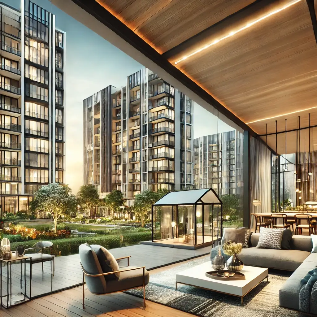 대형 아파트 단지와 고급스러운 내부 공간을 표현한 이미지