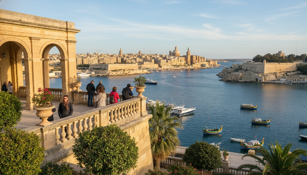 말타 발레타의 어퍼 바라카 가든에서 그랜드 하버를 내려다보는 전경. 푸른 바다와 고풍스러운 건축물들이 평화롭게 어우러져 있다.