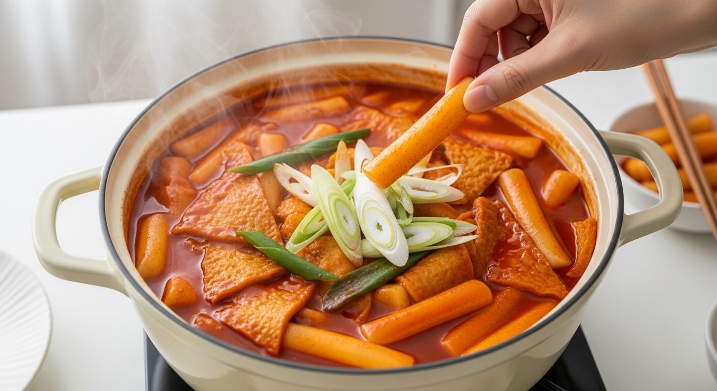 뜨거운 김이 나는 냄비에 담긴 먹음직스러운 황금비율 떡볶이. 붉은 양념에 쫄깃한 떡, 어묵, 파가 가득하며, 한국인이 떡을 집는 손이 보인다.