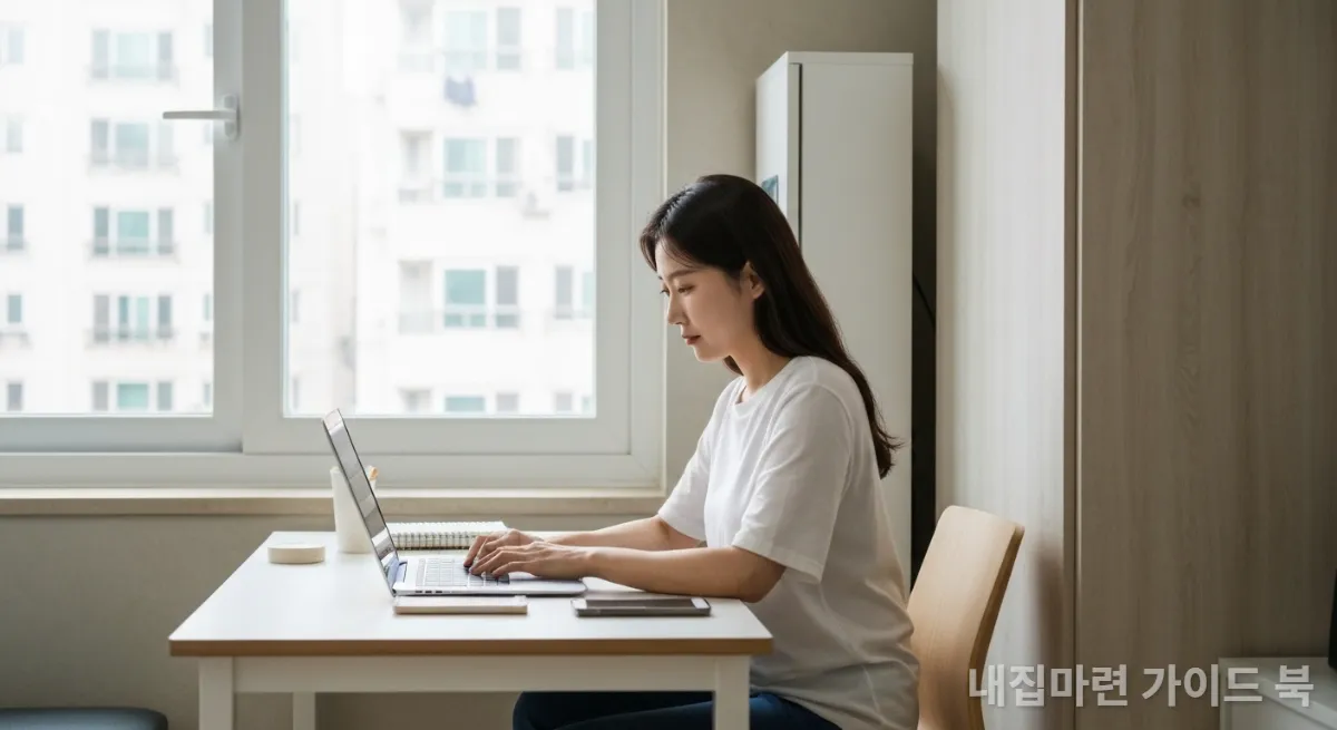 유연한 아파트 공간에서 재택근무를 하는 한국인 여성의 모습