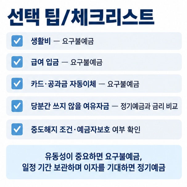 생활비 급여 카드대금 자동이체 여유자금 정기예금 비교 등 요구불예금과 정기예금의 사용 목적을 보여주는 금융 인포그래픽