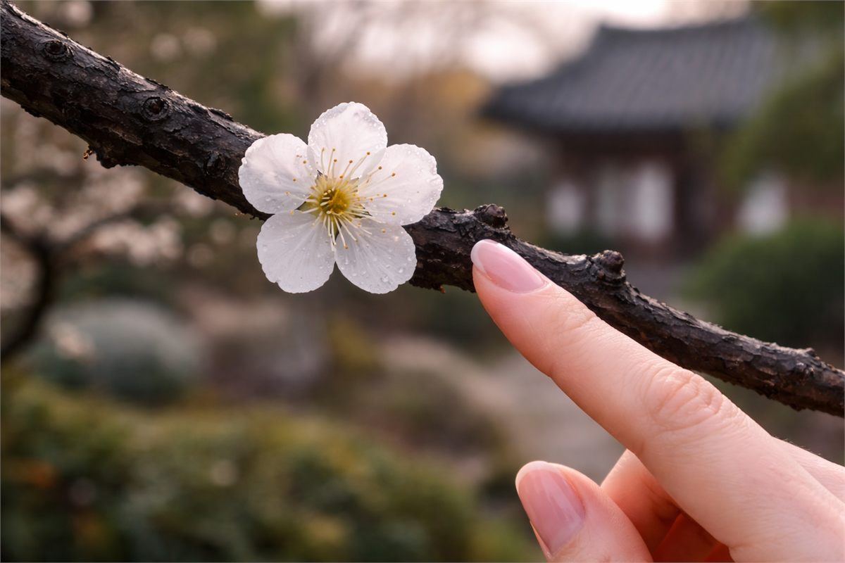 가지에 바짝 붙은 매화 꽃 구조를 손으로 짚어 보여주는 모습 