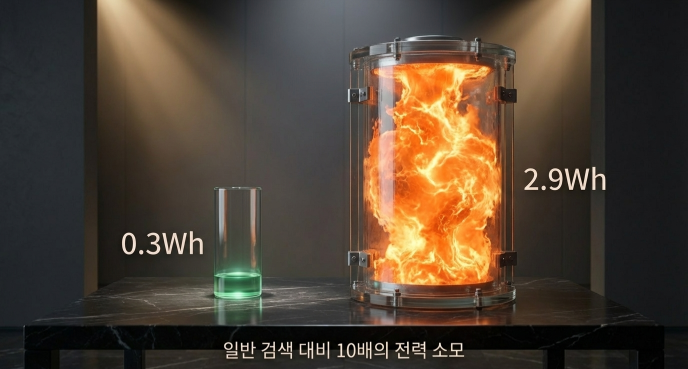 일반 검색과 생성형 AI 답변 생성 전력 비교 시각화 이미지 (AI 활용)