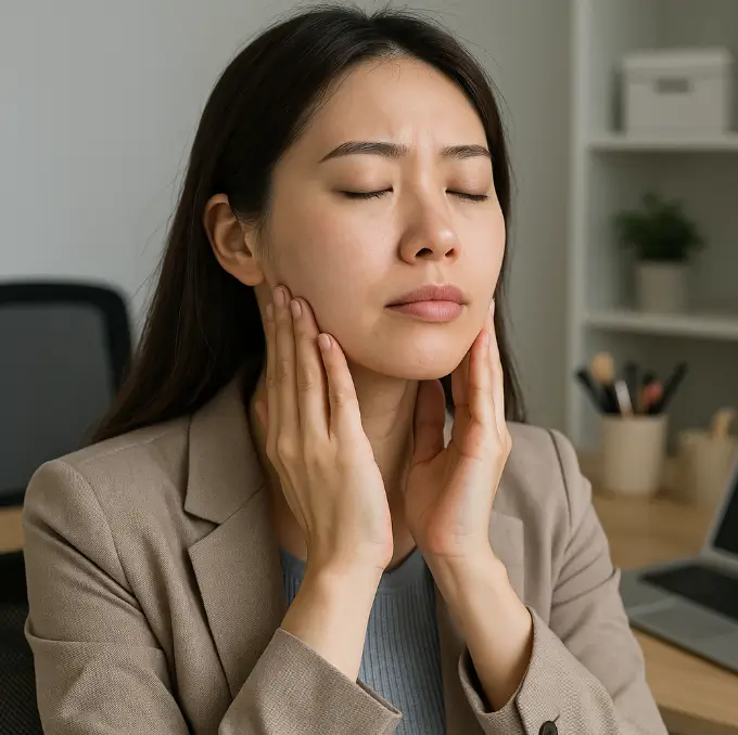 턱에 손을 대고 고민하는 여자