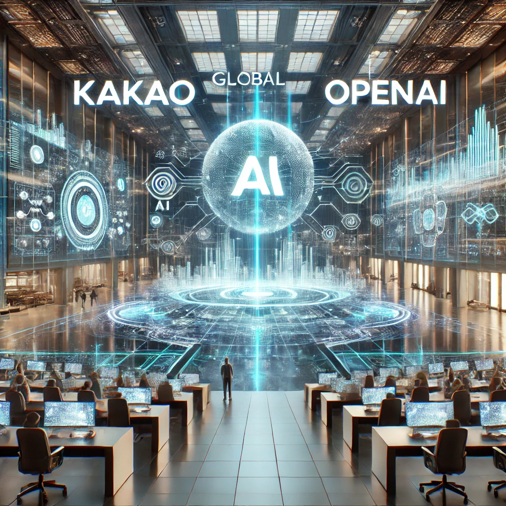 글로벌 AI 경쟁 속 카카오와 오픈AI의 역할을 강조한 그림