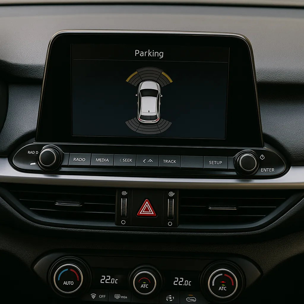 주차 보조 시스템이 작동 중인 자동차 대시보드 화면 모습
