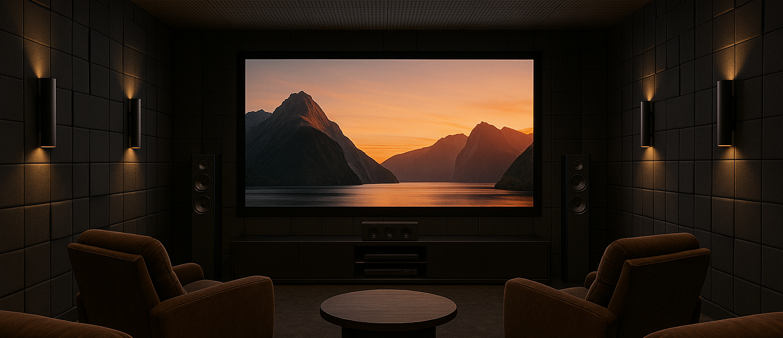 홈시네마 인테리어 - 방음 패널과 스피커가 설치된 고급 영화관 같은 공간, 대형 스크린과 리클라이너 좌석이 완벽한 홈 시네마룸