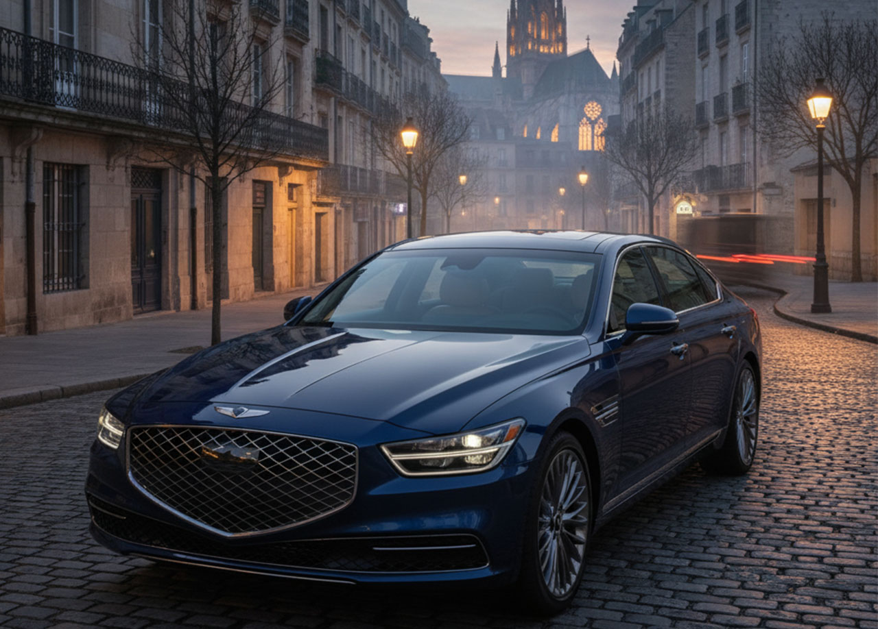 유럽 배경 도시에 서 있는 파란색 제네시스 세단