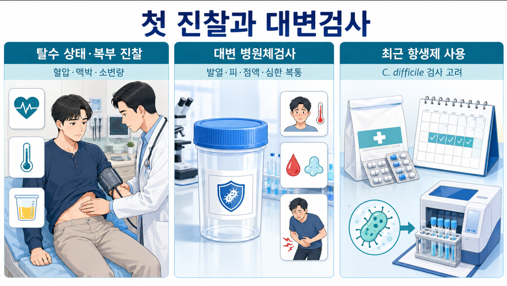 설사 첫 진찰의 탈수&middot;복부 상태와 대변 병원체검사 및 항생제 사용 뒤 C. difficile 검사 안내