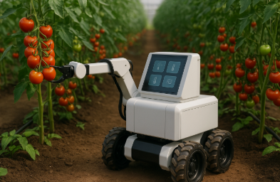 온실 속에서 무인 수확 로봇이 토마토를 정밀하게 따고 있는 모습