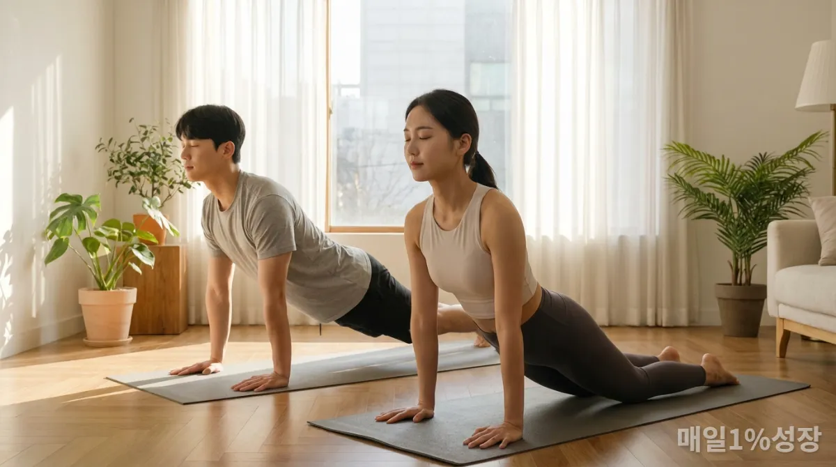 거실에서 함께 요가를 하며 스트레스를 관리하는 젊은 한국인 커플