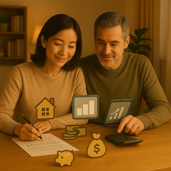 부부가 거실에서 노트북과 서류를 함께 보며 자산 관리를 계획하는 따뜻한 장면