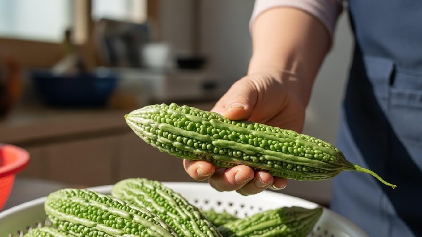 손에 들고 선별한 신선한 여주 생과의 표면 질감과 자연스러운 녹색 모습