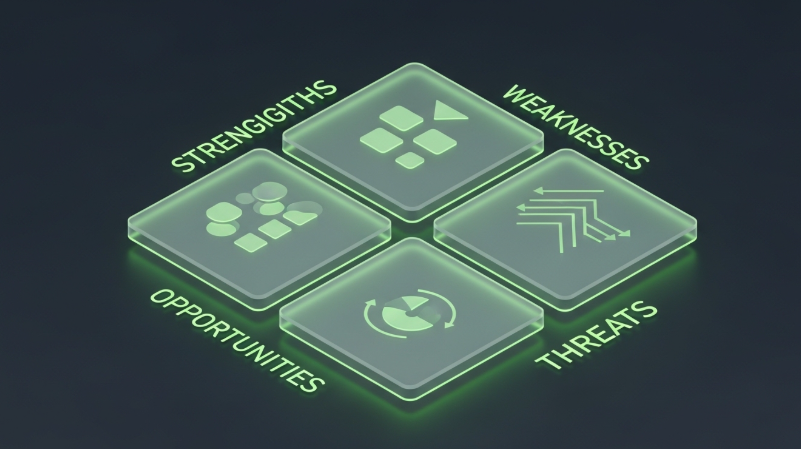 A modern, clean 3D isometric 4-quadrant SWOT matrix layout with neon green accents representing renewable energy concepts.