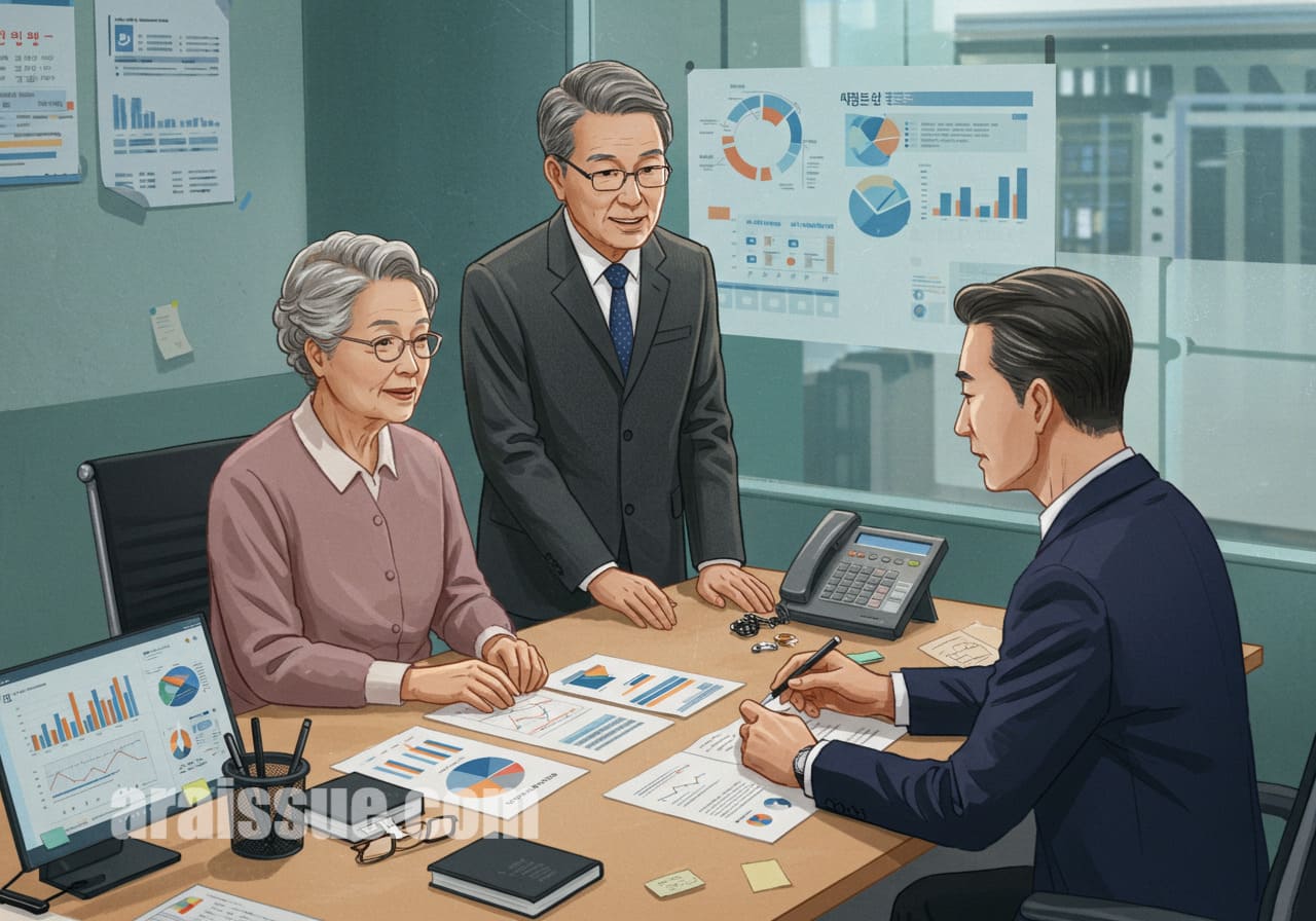 한국 부부가 재무 상담을 받으며 건강검진 결과를 논의하는 장면.