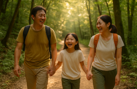지리산 둘레길을 걸으며 즐거워하는 가족 모습