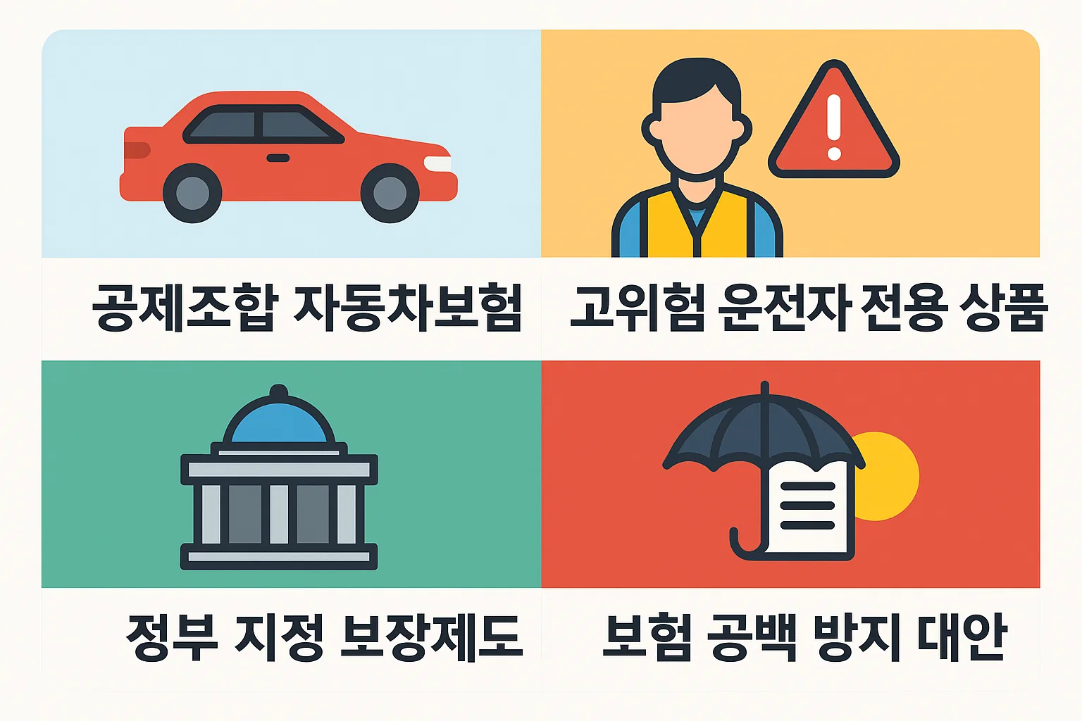 정부 지정 공제조합 보험, 고위험 운전자 전용 상품, 보험 공백 방지 제도 등을 정리한 인포그래픽