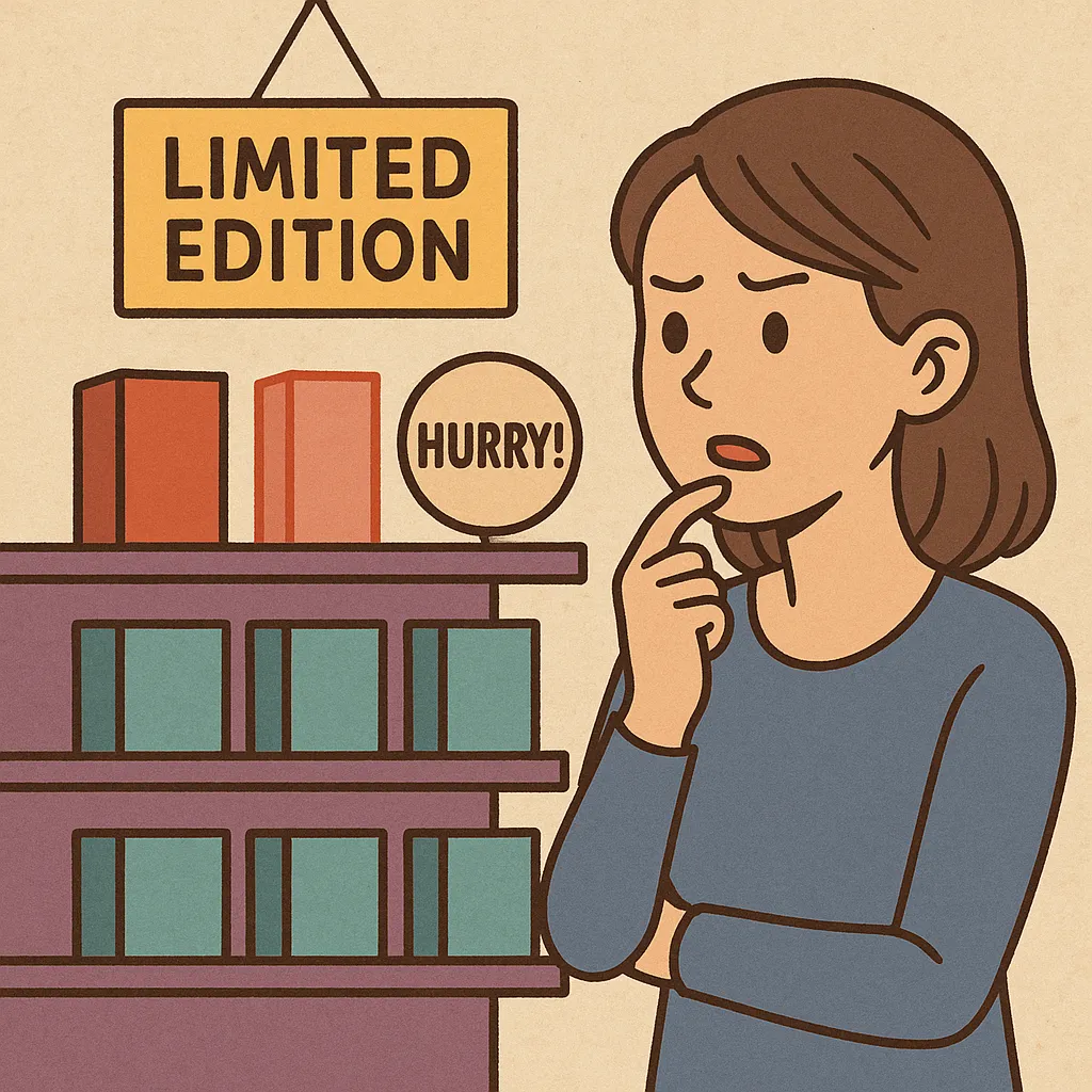 한정판-제품이-빨리-팔리는-심리를-표현한-일러스트로,-여성이-‘LIMITED-EDITION’이라고-적힌-표지판을-보며-고민하는-모습이-그려져,-희소성과-구매-욕구의-심리적-연관성을-상징함.