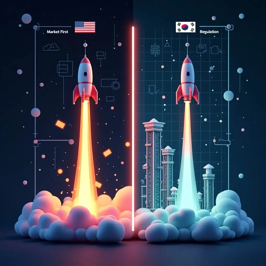 미국과 한국의 RWA 규제 접근 방식을 비교한 인포그래픽 일러스트. 화면이 세로로 양분되어 왼쪽은 미국(시장 우선), 오른쪽은 한국(제도 우선)을 표현. 왼쪽에는 오렌지 불꽃을 내뿜으며 빠르게 발사되는 로켓과 뒤따라오는 규제 장벽이 보이며, 별이 빛나는 우주 배경. 오른쪽에는 블루 그리드 배경 위에 설계도→발사대 건설→안전한 발사의 3단계 체계적 과정이 순서대로 표현됨. 중앙의 네온 블루 분리선으로 두 접근법의 차이를 명확히 구분. 미래적 핀테크 컨셉 아트 (USA vs Korea RWA regulation comparison, market-first vs regulation-first approach, infographic illustration)