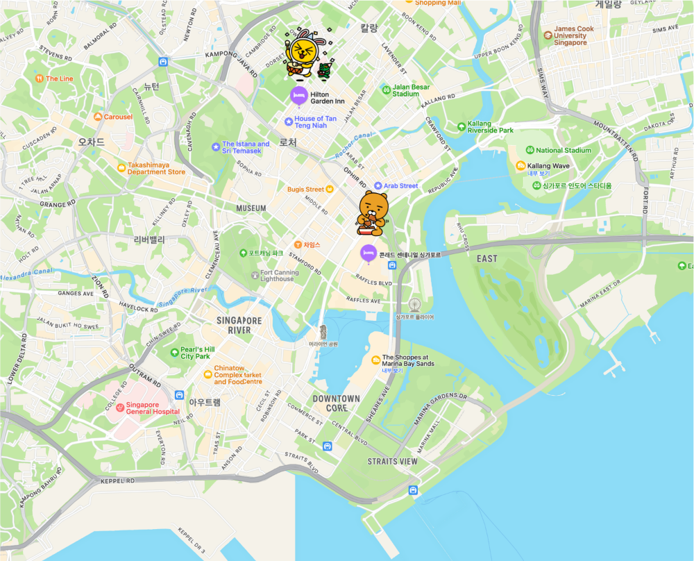 싱가포르 호텔 위치 표시한 지도