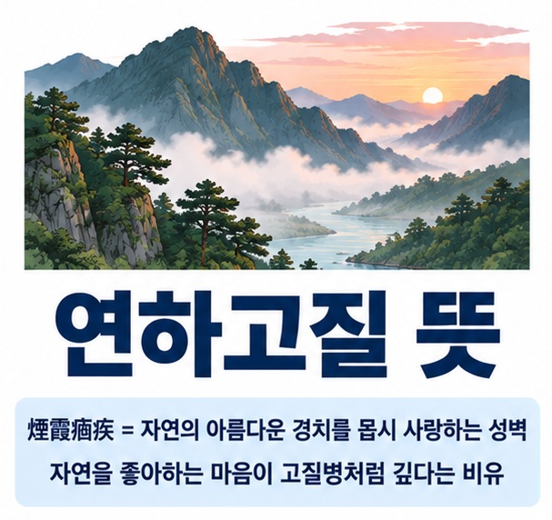 연하고질 뜻과 煙霞痼疾 자연의 아름다운 경치를 몹시 사랑하는 의미를 보여주는 한자 학습 이미지