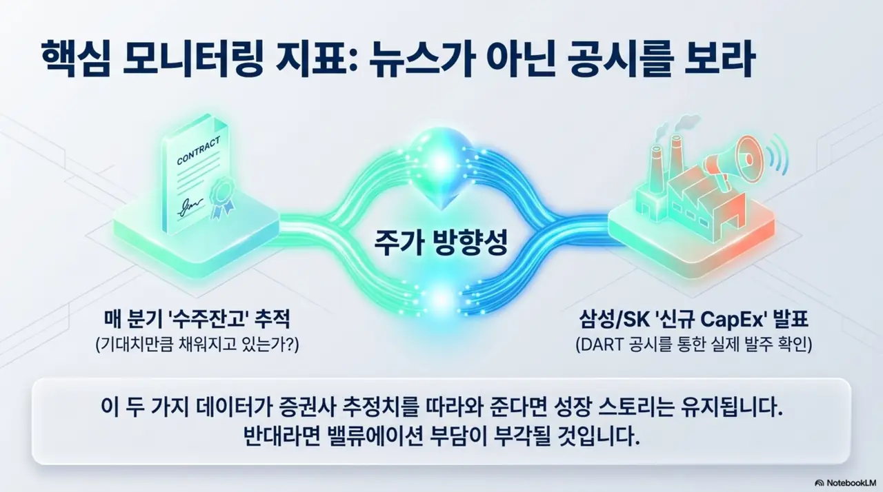 원익IPS 주가 방향성을 가늠할 핵심 모니터링 지표를 제시한 이미지. 매 분기 수주잔고가 기대치만큼 채워지는지와 삼성&middot;SK의 신규 설비투자 공시를 DART에서 확인하는 것이 중요함을 시각적으로 전달함. 블로그의 원익IPS 주가 전망 핵심 점검과 관련된 내용을 설명함
