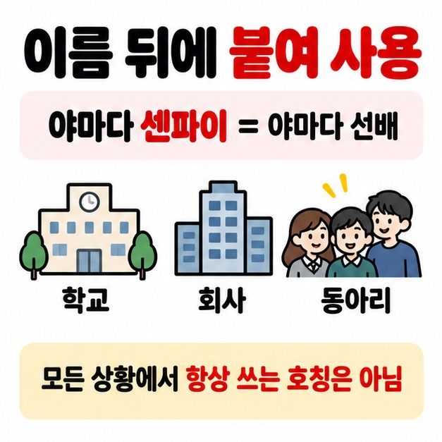 이름 뒤에 센파이를 붙여 학교 회사 동아리에서 선배를 부르는 사용법을 보여주는 카드
