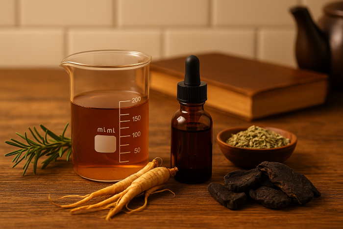 "로즈마리, 인삼, 하수오, 말린 허브와 실험실 비커, 스포이드 병이 함께 놓인 따뜻한 톤의 한방 재료 디스플레이"