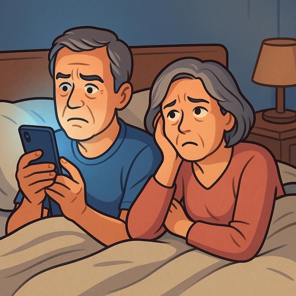 침대에서 스마트폰을 보면서 잠에 들지 못하는 중년부부의 모습 이미지 만화체 그림