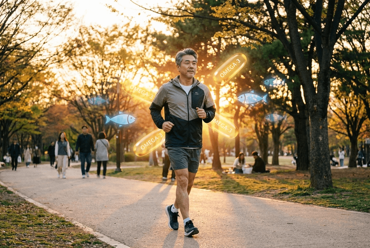 저녁공원에서 가볍게 조깅하는 중년 한국 남성 옆에 오메가3 캡슐과 등푸른 생선 아이콘이 함께 배치된 남성 건강 루틴 일러스트