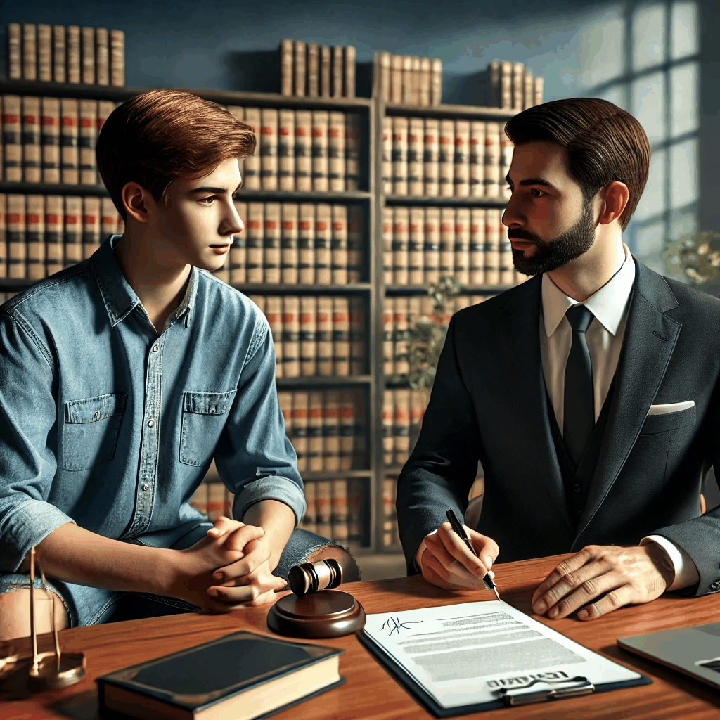 대학생이 변호사와 법률 상담을 받으며 계약서를 검토하는 장면