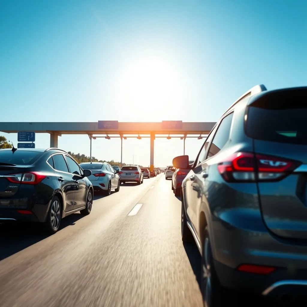 밝은 햇살 아래 여러 대의 차량이 하이패스 차선이나 일반 차선을 통해 톨게이트를 부드럽게 통과하는 장면을 담아보세요. '통행료 면제'를 나타내는 표지판이 작게 보이도록 하면 더욱 좋습니다.