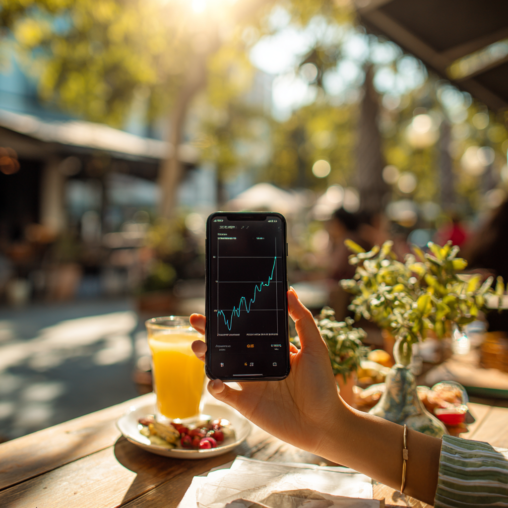 스마트폰의 상승 그래프를 보며 환하게 웃고 있는 희망찬 모습