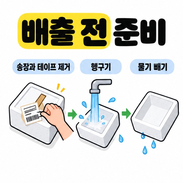 스티로폼 상자의 송장과 테이프 제거, 헹구기, 물기 빼기를 화살표로 연결한 준비 순서 이미지