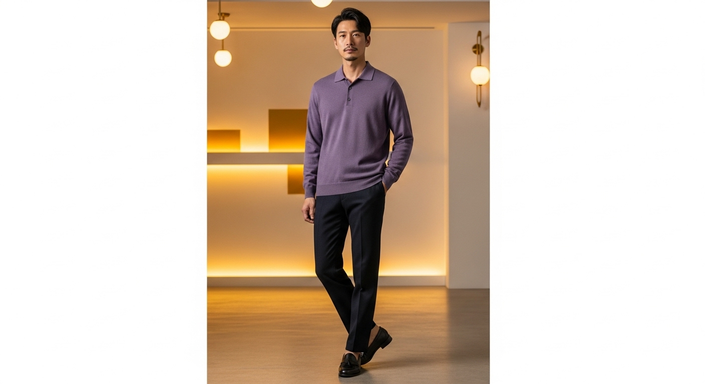 세련된 남성이 차분한 보라색 카라 니트 스웨터와 슬랙스를 입고 편안하면서도 스타일리시한 세미 캐주얼룩을 선보이는 모습