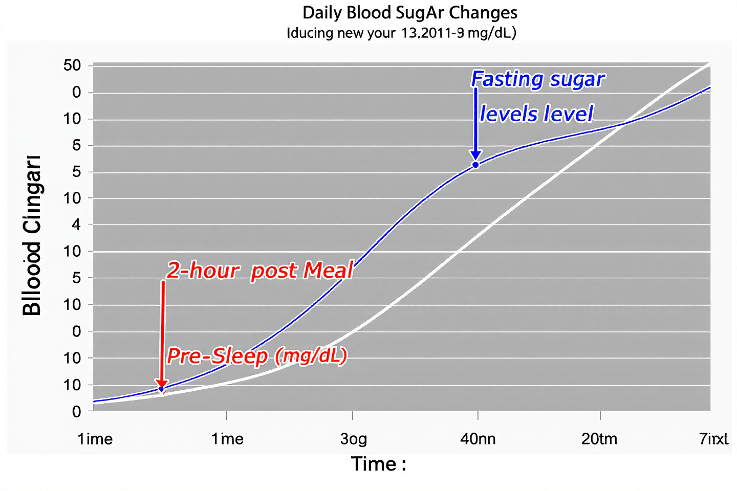 "하루 혈당 변화를 곡선으로 나타낸 그래프: 공복 시점, 식사 후 2시간, 취침 전 혈당 포함"