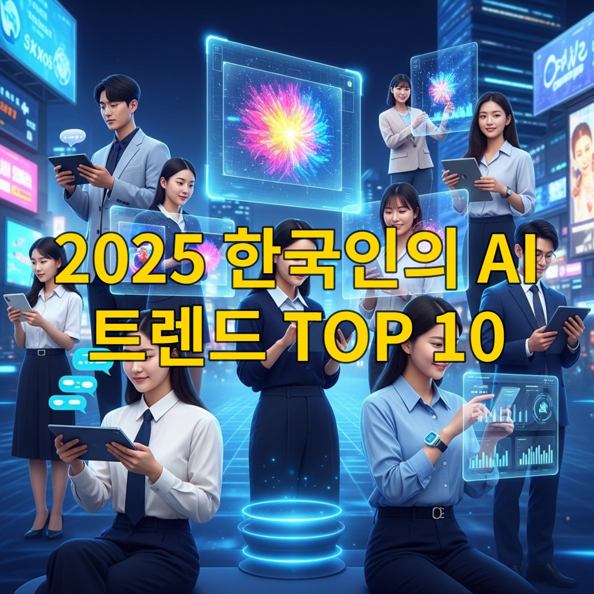 2025년 한국인이 다양한 AI 서비스를 활용하는 모습. 젊은 전문가, 학생, 크리에이터들이 태블릿으로 대화형 AI를 사용하거나, 대형 스크린에서 이미지 AI를 생성하고, 스마트 기기로 데이터를 분석하는 등 일상과 업무에 AI가 깊숙이 통합된 미래 도시 서울의 풍경.