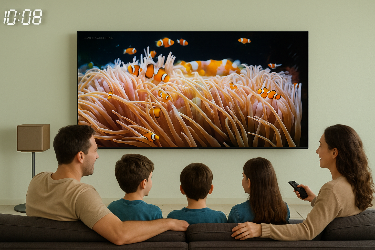 LG OLED 65인치 TV를 시청 중인 가족 모습, 생생한 해양 생물 영상 재생 중