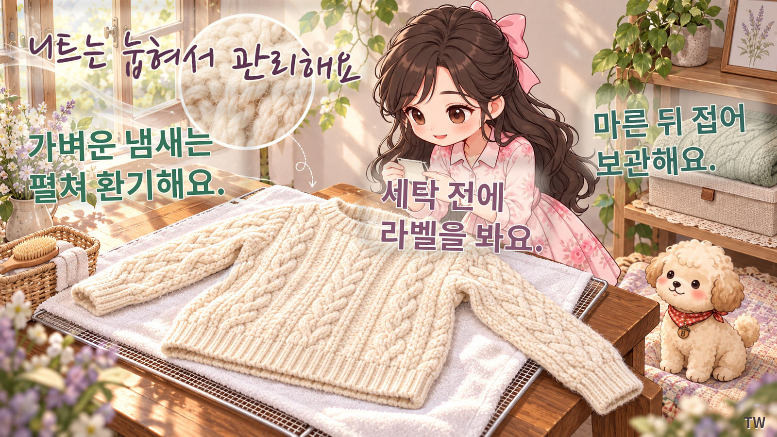 패딩의 뭉친 충전재를 확대해 보여주고 그늘 환기, 세탁표시 확인, 속까지 완전 건조의 세 가지 관리 방법을 생활정보 캐릭터와 푸들이 함께 설명하는 교육용 인포그래픽