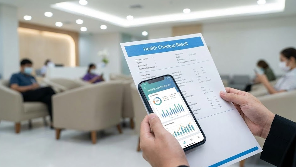 건강검진 결과표와 모바일 건강검진 결과 화면을 함께 제시해 사후관리 대상임을 확인하는 장면