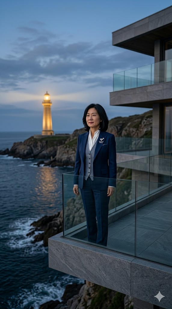 폭풍우 치는 바다 위에서 안전하게 등대를 지키는 다이아몬드 리더의 확신