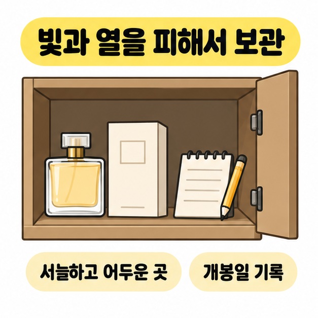 문이 열린 갈색 수납장 안에 향수병과 상자 및 메모장과 연필을 두고 서늘하고 어두운 곳과 개봉일 기록 문구를 배치한 이미지