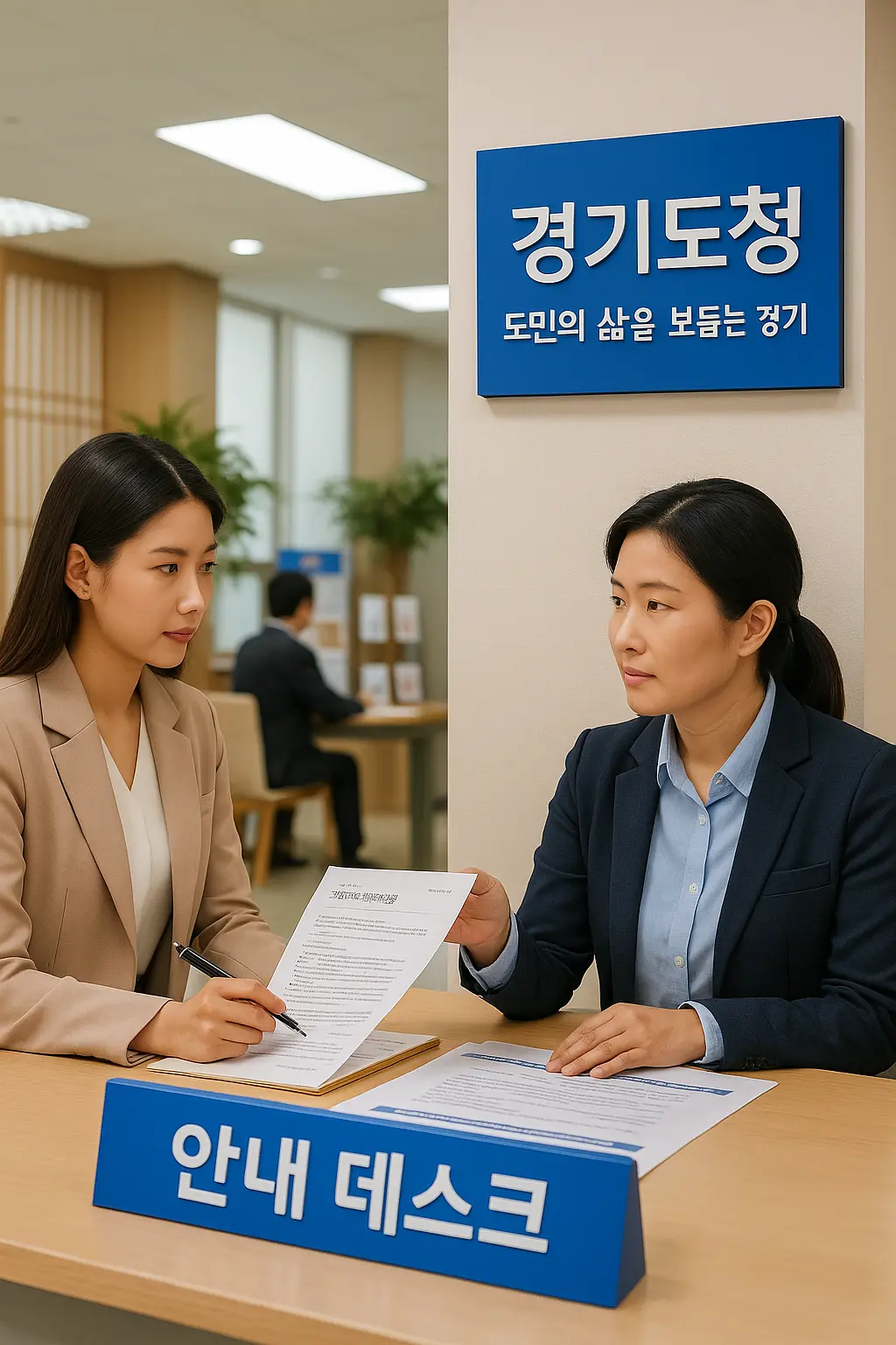 경기도청 복지센터 안내 데스크에서 직원이 긴급복지 관련 서류를 설명하는 상담 장면