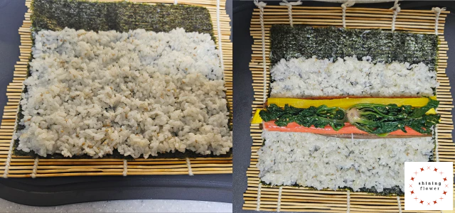 왼쪽은 김에 밥 골고루 펼치기, 오른쪽은 밥 위에 재료 올리기